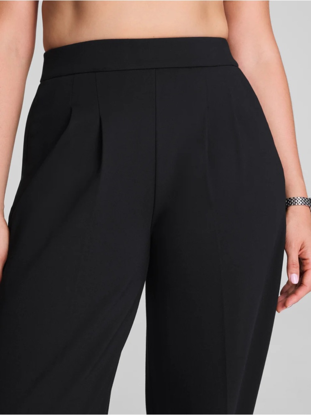 SPANX Ponte Pleated Barrel Leg Trouser with Tuxedo Stripe Black Pants NWT - Picture 3 of 11